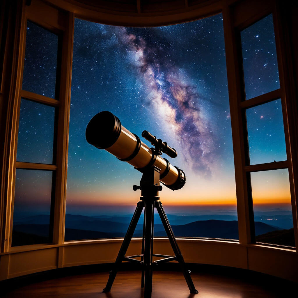 Astronomiczny teleskop skierowany w rozgwieżdżone nocne niebo z Drogą Mleczną