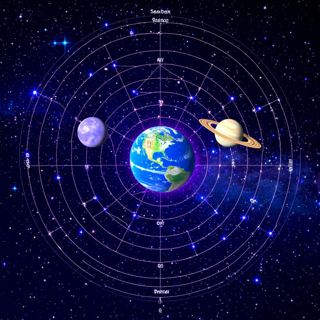 Astrologiczny diagram z konstelacjami gwiazd i orbitami planet